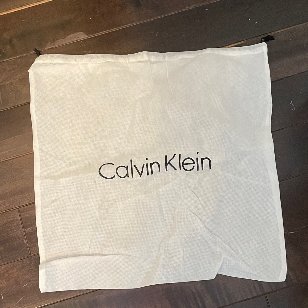 Calvin Klein White Fabric Drawstring Storage Bag with Black Logo 19.5" x 19"